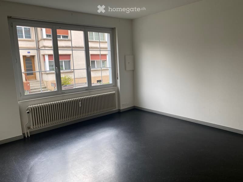Empty room with dark flooring, white walls, large window with metal frame, radiator, and electrical outlet visible.