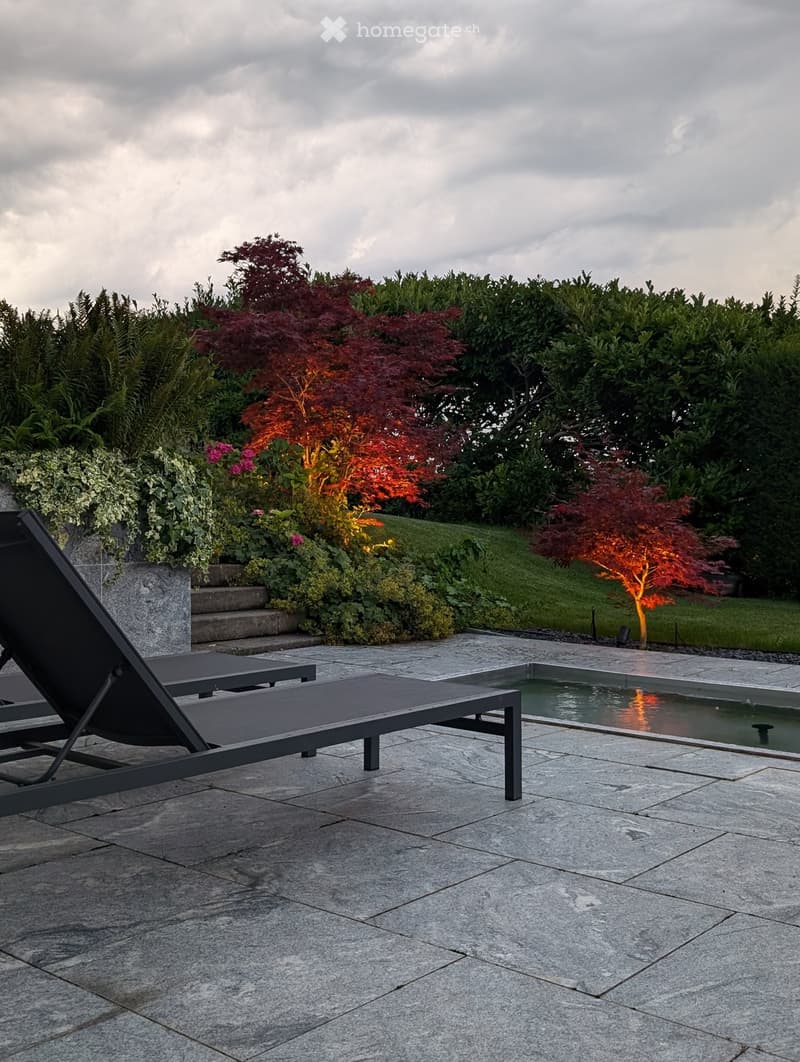 Well-maintained garden with a small pool, lounge chairs, and various plants including a red maple tree.