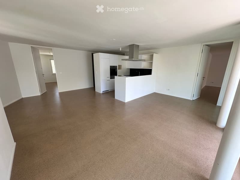 Empty room with white walls, carpeted floor, and a small kitchen area with white cabinets and a countertop.