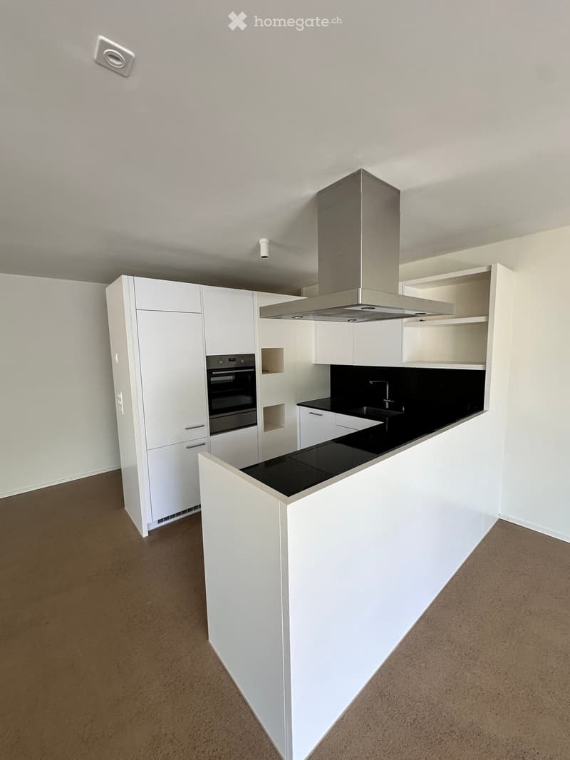 Modern kitchen with white cabinets, black countertops, built-in oven, sink, and range hood.