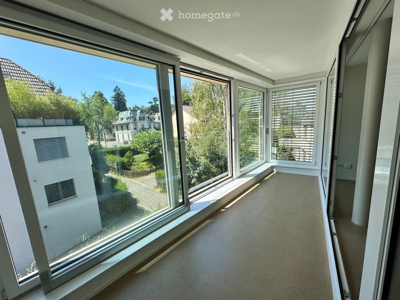 Empty room with large windows offering a view of the street and surrounding greenery. The room has a carpeted floor and white walls.