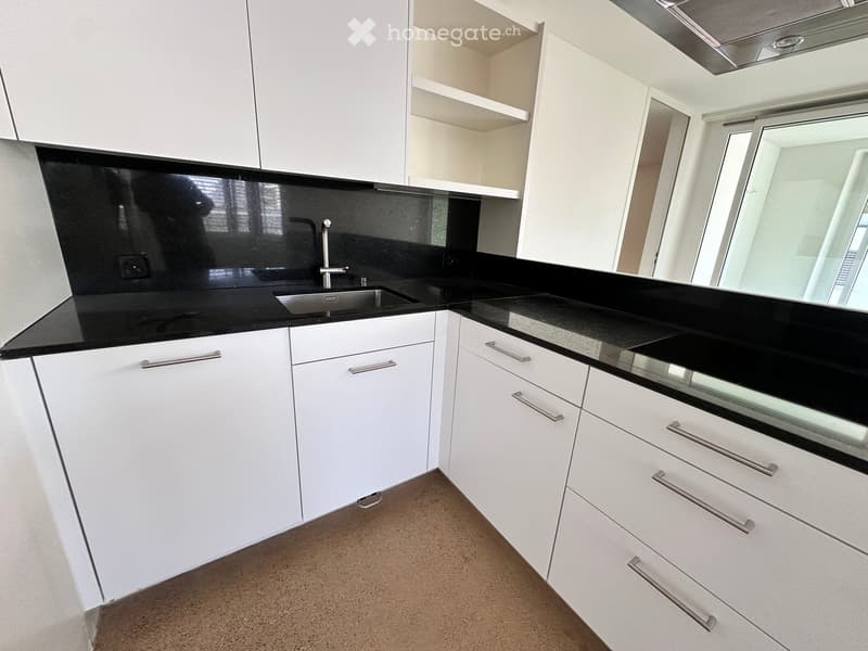 Modern kitchen with white cabinets, black countertops, and a stainless steel sink.