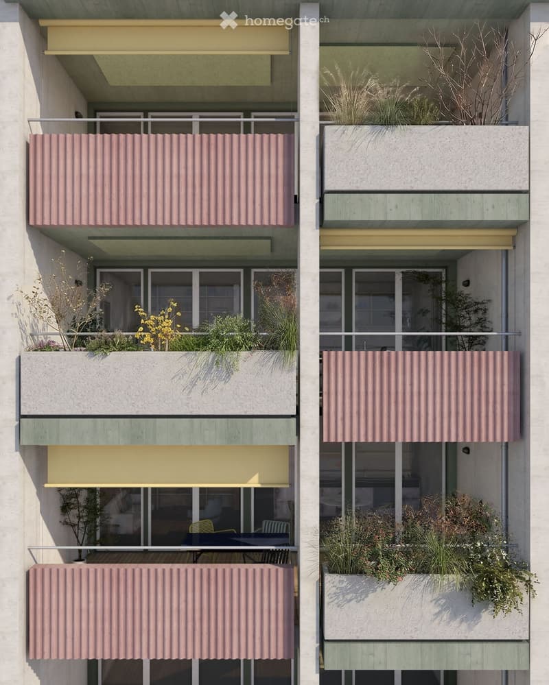 Modern multi-story building with balconies, green and yellow accents, and small plants on each balcony.