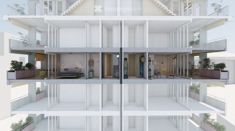 Floor plan of a modern multi-level residential building with open-plan living spaces, bedrooms, bathrooms, and balconies.