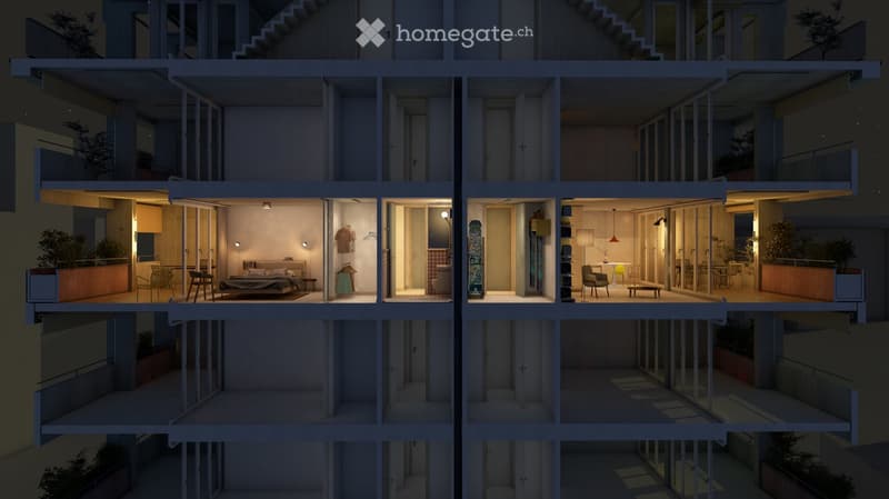 3D floor plan of a modern multi-level apartment with open-plan living spaces, bedrooms, kitchen, and balconies.