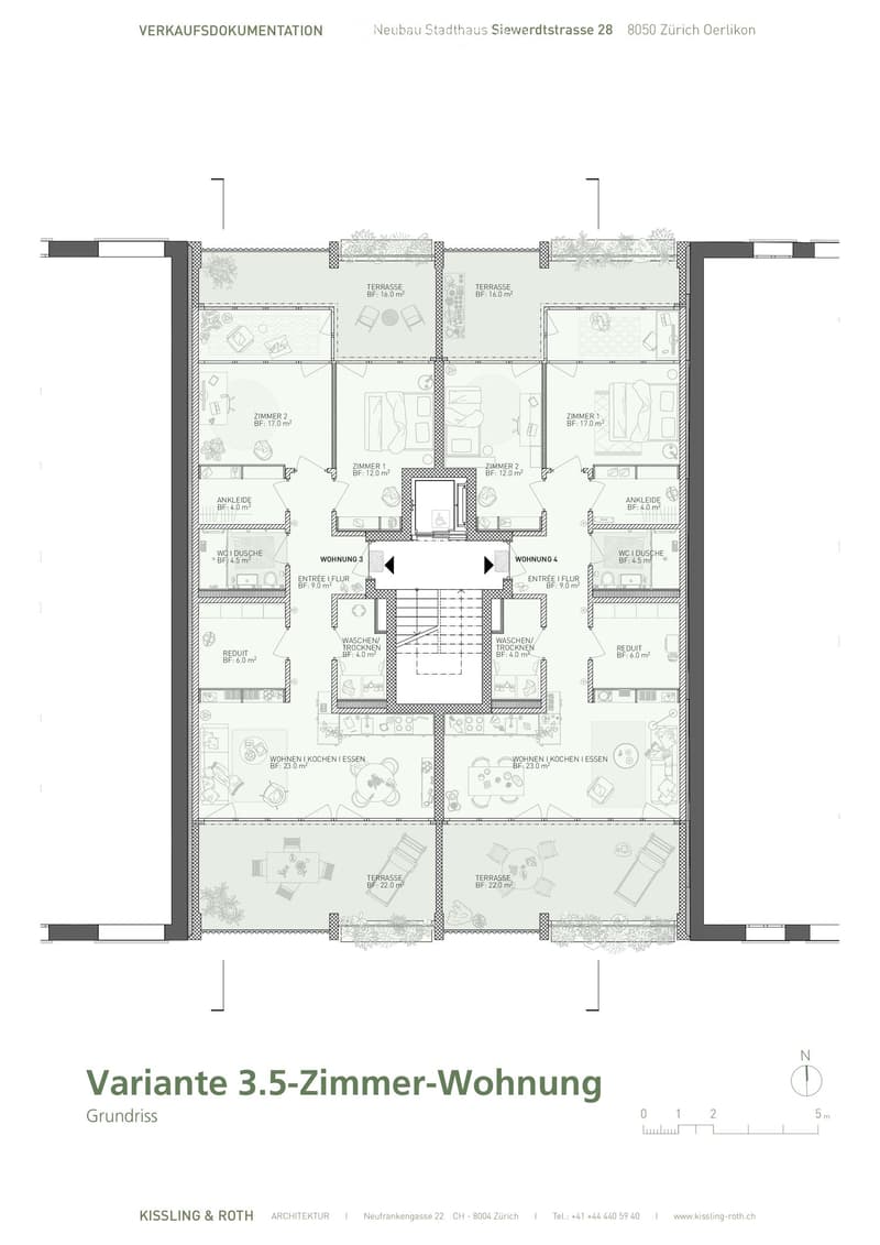 Floor plan of a 3.5-bedroom apartment with multiple rooms including living/dining/kitchen areas, bedrooms, bathrooms, and terraces.