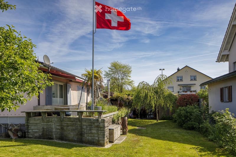 A well-maintained garden with a stone patio, lawn, trees, and a Swiss flag on a pole. The background shows a residential house with a satellite dish and neighboring houses.