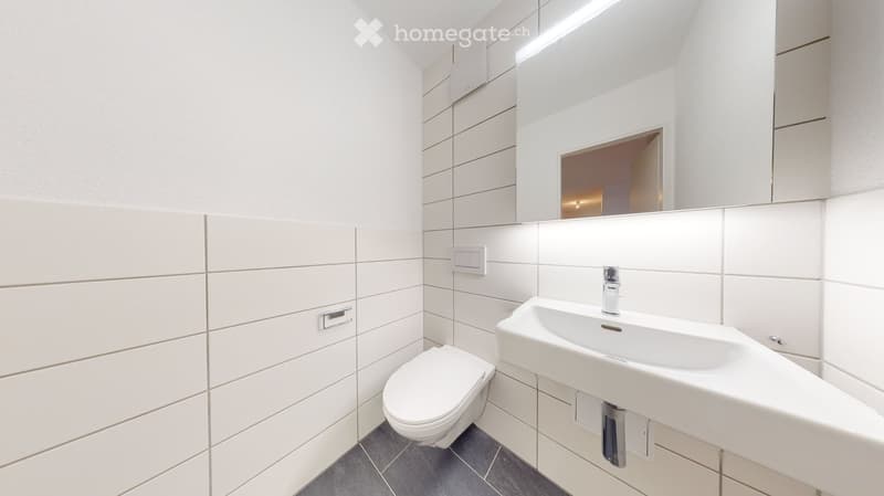 Modern bathroom with white tiles, a toilet, a sink with a modern faucet, and a large mirror above the sink.