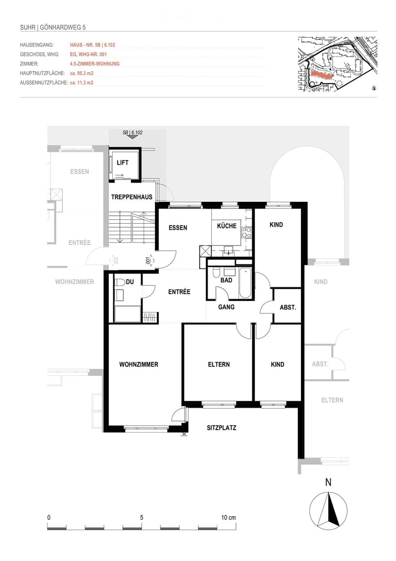 Floor plan of a 4.5-room apartment with living room, dining area, kitchen, two bedrooms, bathroom, and entrance.