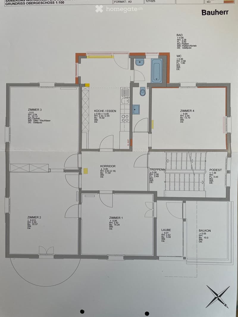 Floor plan of an upper floor showing four bedrooms, a kitchen, a bathroom, a hallway, a staircase, a balcony, and a laundry area.