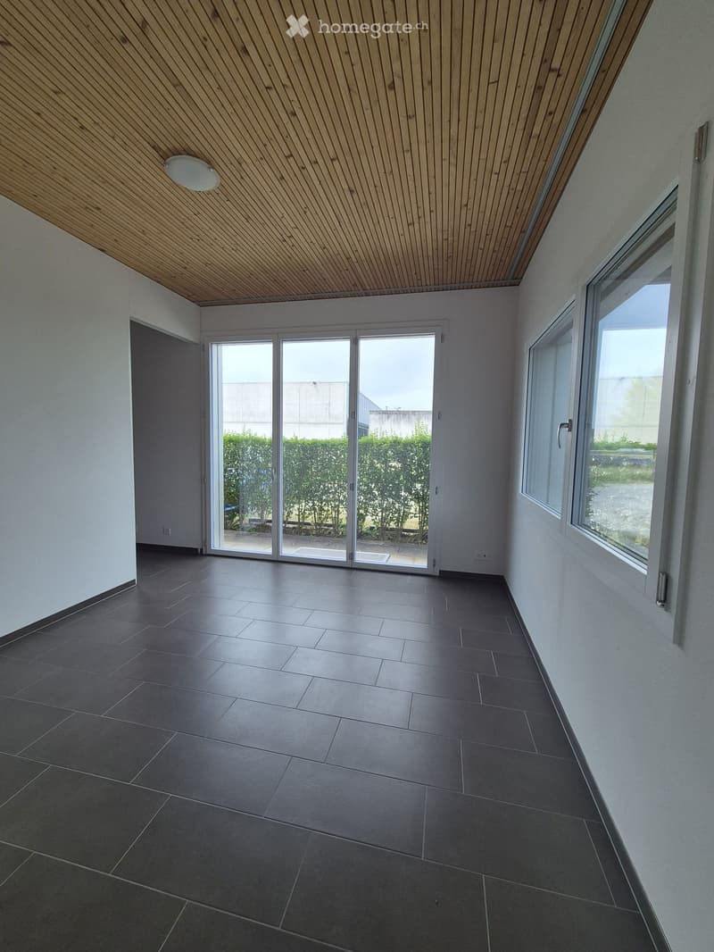 Empty room with dark tiled floor, white walls, large sliding glass doors leading to an outdoor area, and a wooden slanted ceiling with a recessed light fixture.