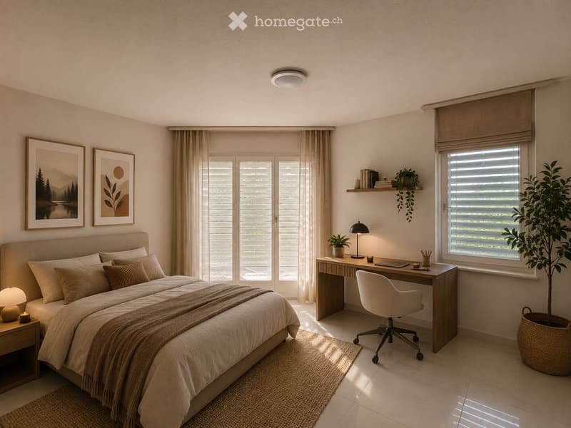 Modern bedroom with a large bed, nightstand, desk, chair, and decorative plants. Features large windows with blinds and a cozy, neutral color palette.
