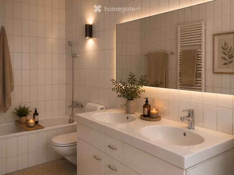 Modern bathroom with white tiles, double sink, bathtub, toilet, towel rack, and decorative candles.
