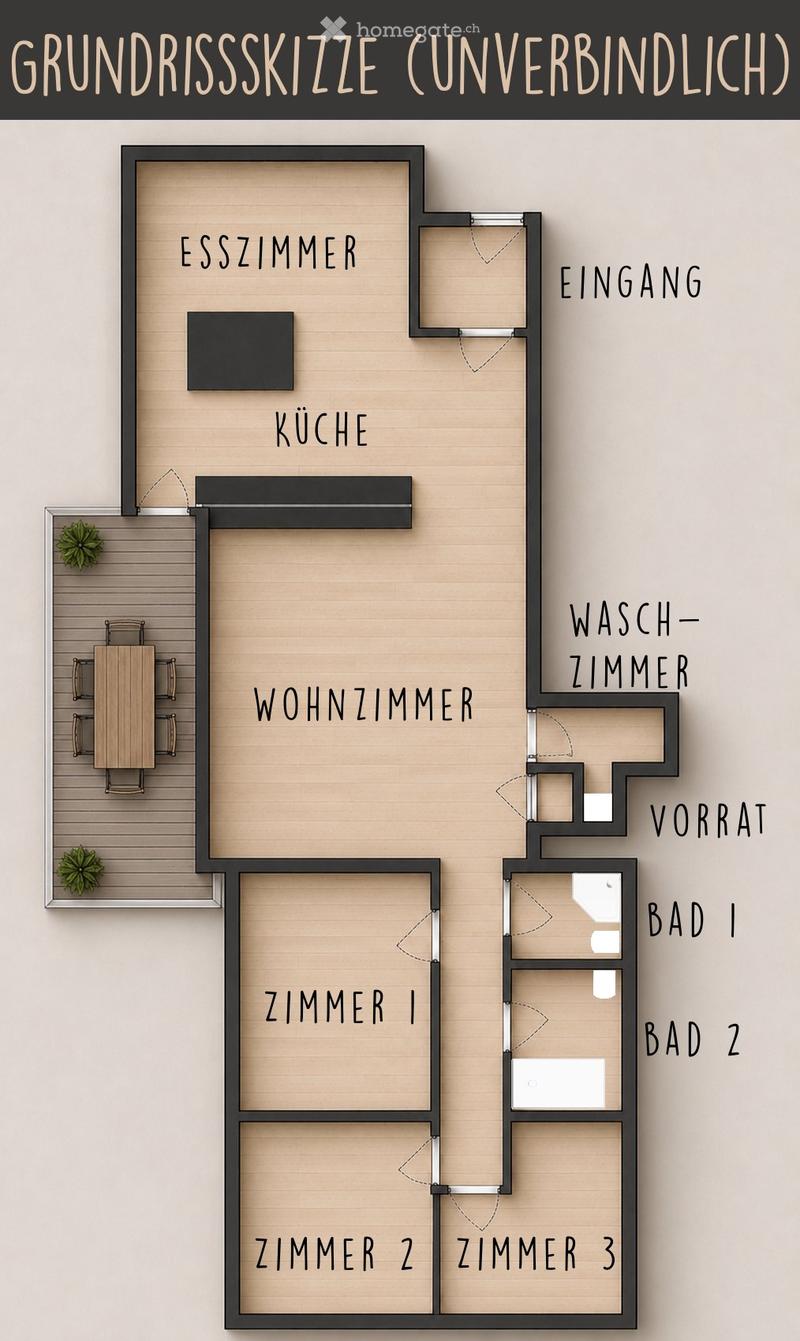 Floor plan of a house with an entrance, living room, dining room, kitchen, three bedrooms, two bathrooms, laundry room, storage, and a small outdoor patio with a table and chairs.