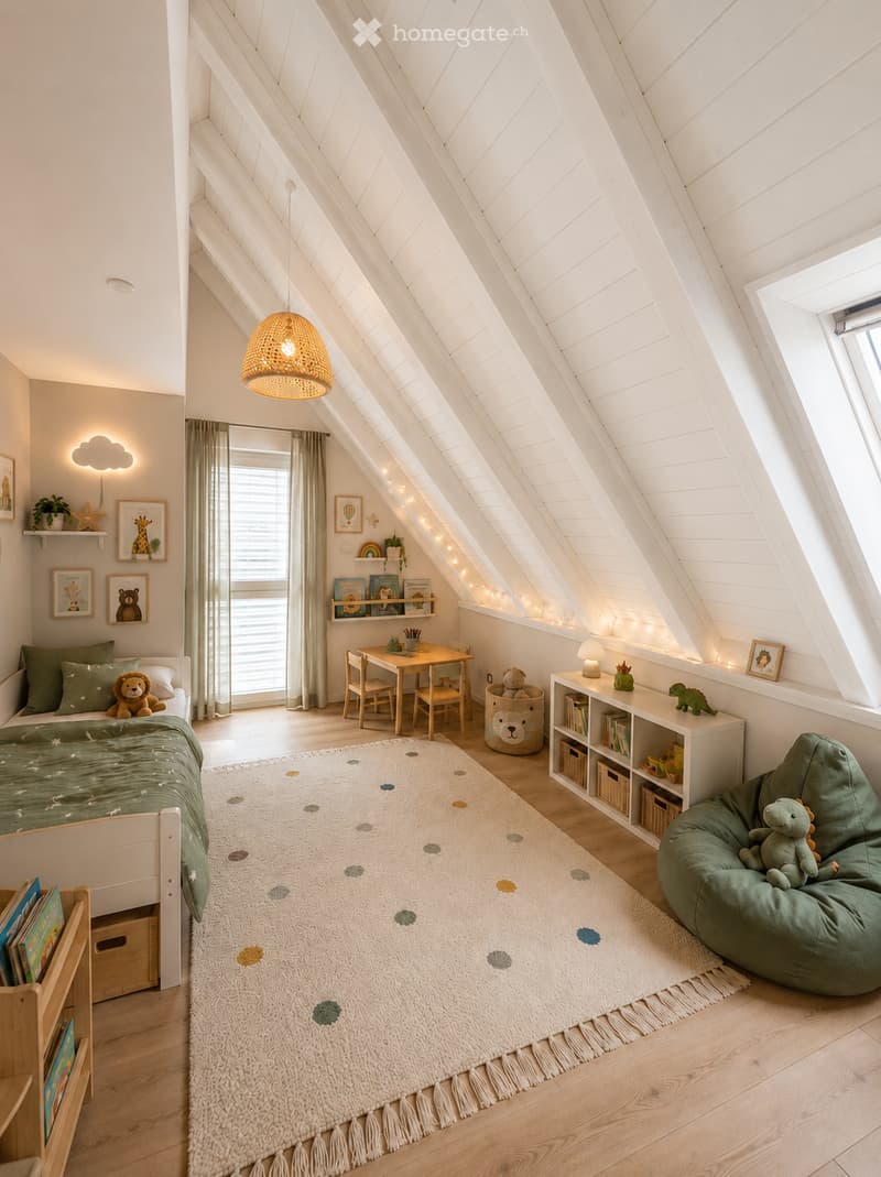 Cozy attic bedroom with slanted wooden ceilings, a bed with green bedding, a small table and chairs, a bookshelf, a beanie chair, and decorative items including framed pictures and a plant.