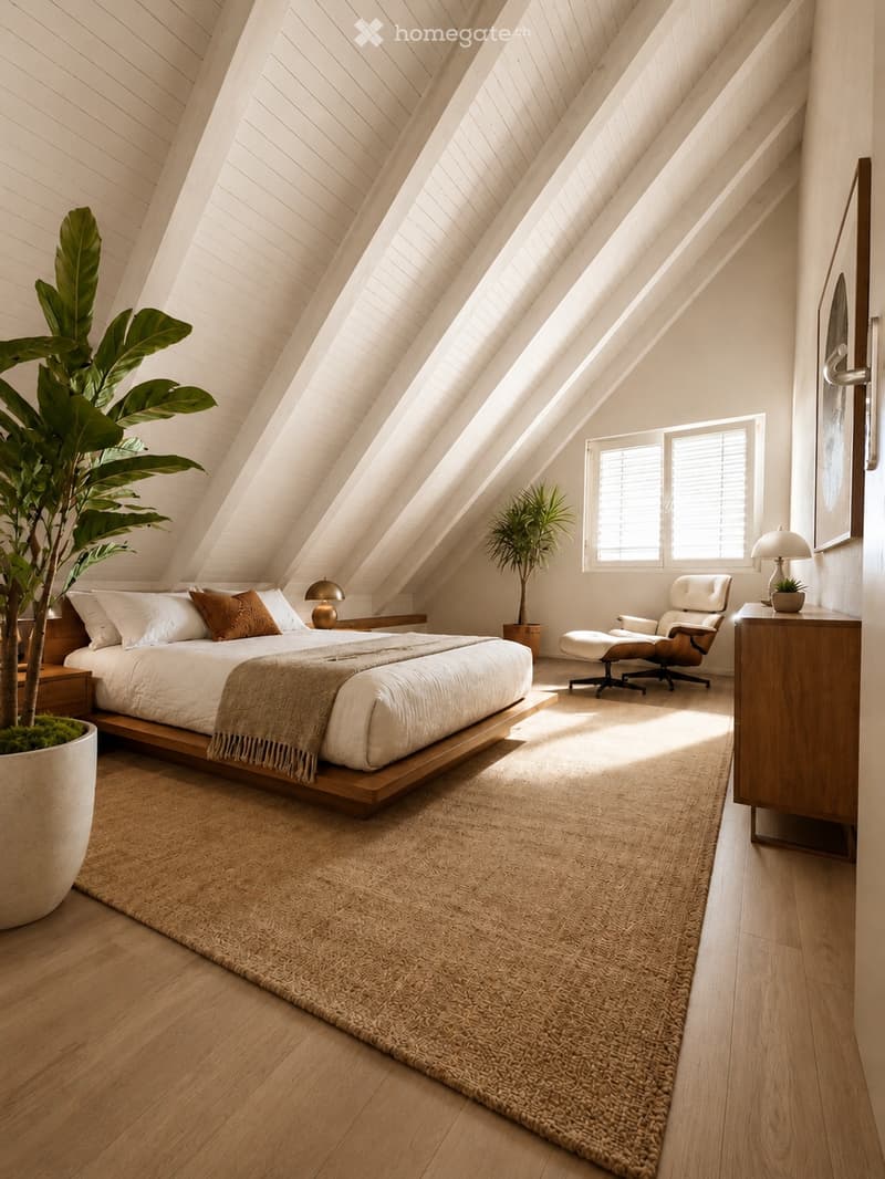 Modern attic bedroom with exposed wooden beams, large windows, a wooden bed, nightstand, armchair, and decorative plants.