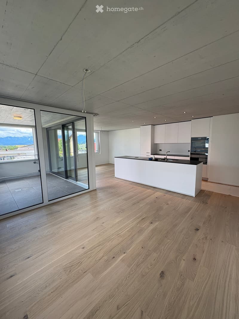 Modern kitchen with white cabinets, a central island, and wooden flooring. Large glass sliding doors lead to a balcony with a scenic mountain view.
