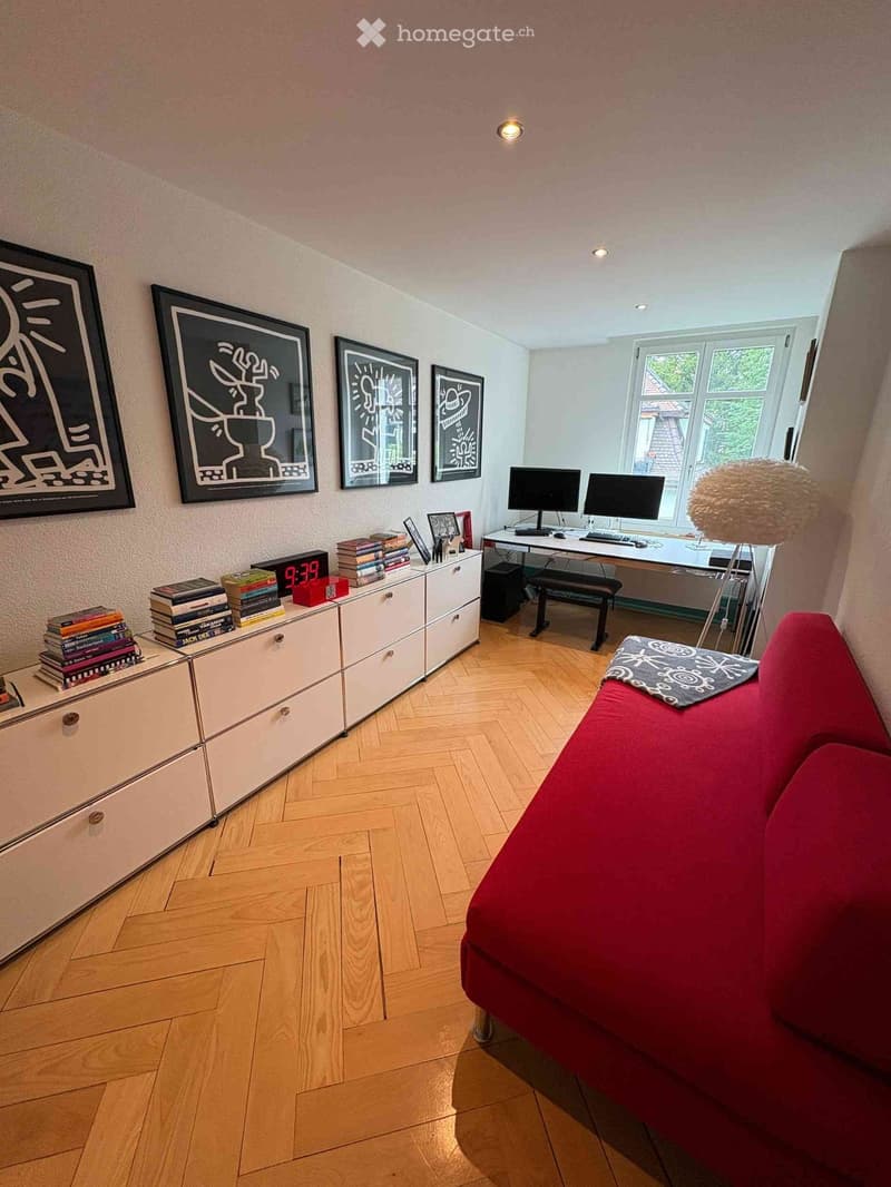 Modern room with wooden flooring, red sofa, white cabinet, desk with two monitors, books, and decorative artwork on the walls.