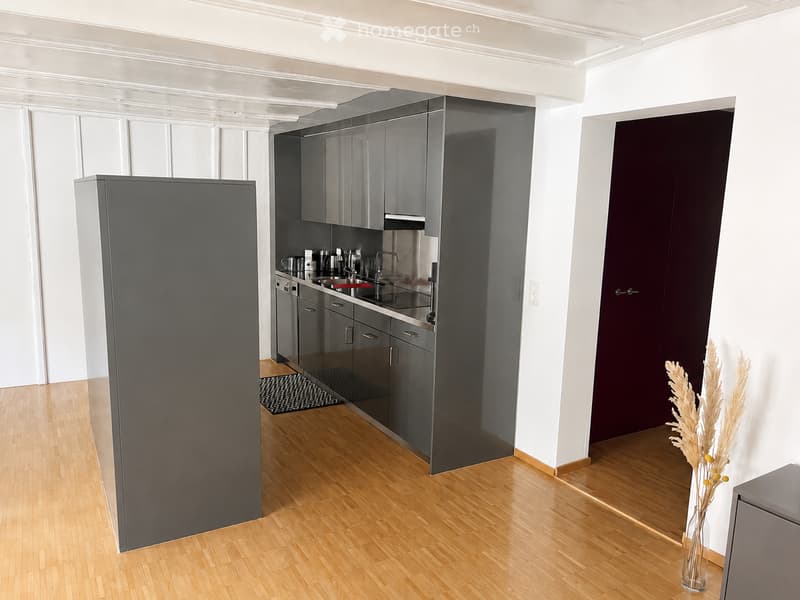Modern kitchen with dark grey cabinets, stainless steel appliances, wooden flooring, and a small vase with dried flowers on the side.