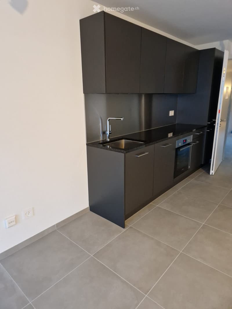 Kitchen. Modern kitchen with dark cabinets, a sink, a faucet, and an oven. The floor is tiled, and the walls are painted white.