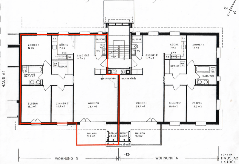 Floor plan of two apartments (Wohnung 5 and Wohnung 6) in Haus A1 and Haus A2, each with two bedrooms, living areas, kitchens, bathrooms, and balconies.
