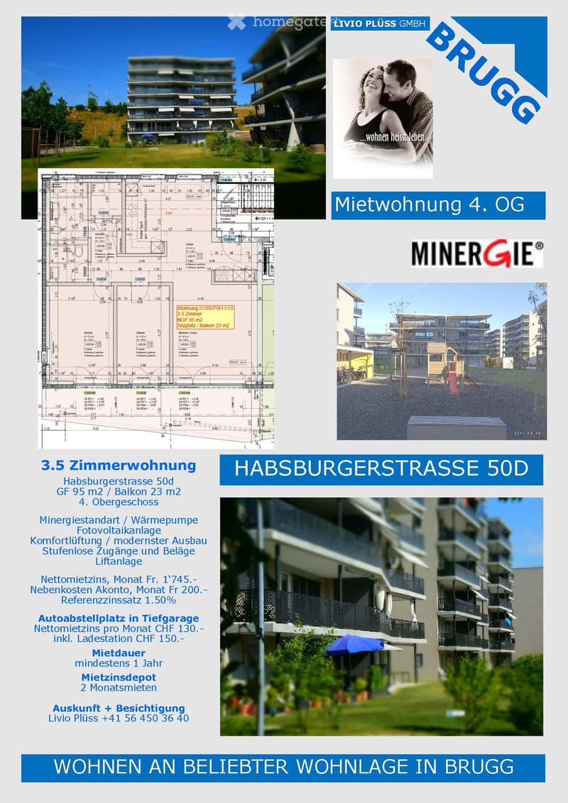 Floor plan and exterior view of a modern apartment building with balconies, green spaces, and parking area.