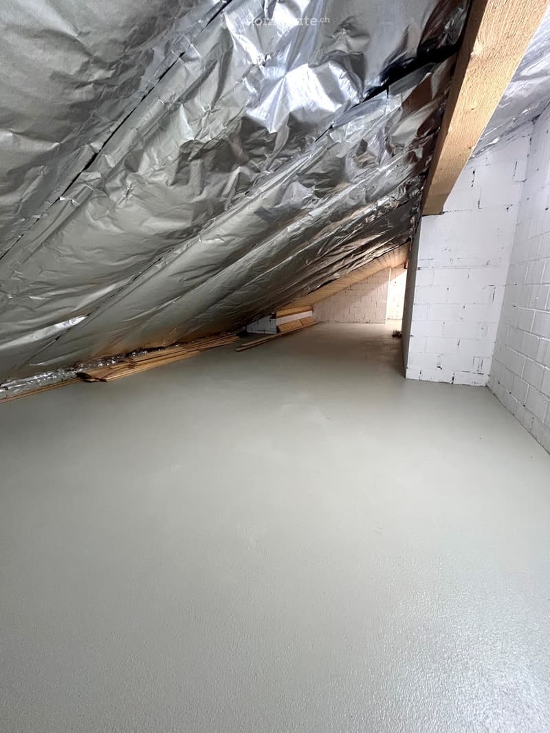Empty attic space with exposed wooden beams, insulation, and a concrete floor.