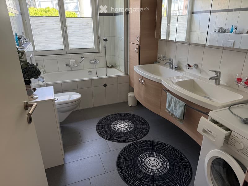 Modern bathroom with a bathtub, toilet, double sink, mirror, and a washing machine. Features include a shower, wooden cabinets, and decorative items on the sink counter.