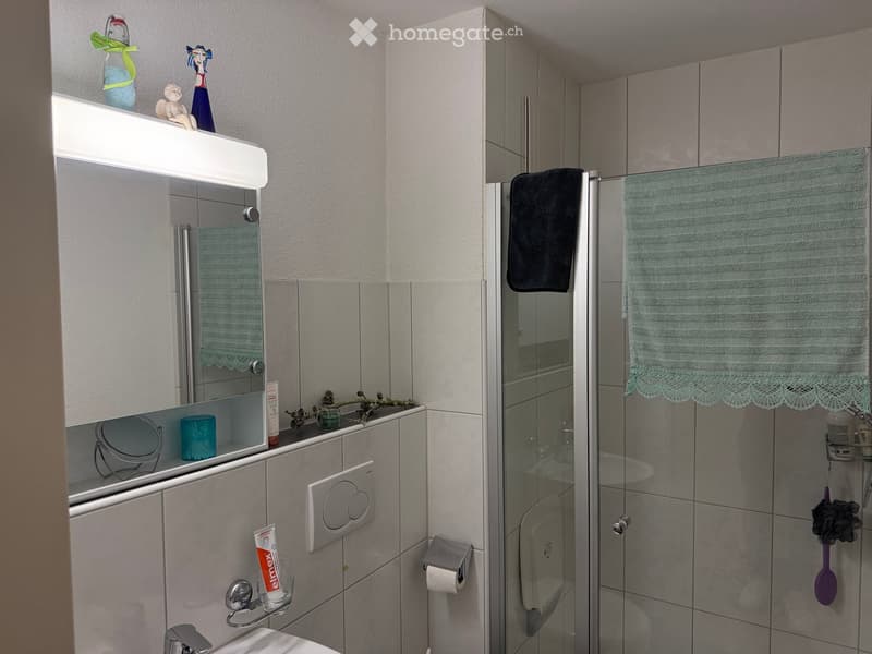 Modern bathroom with a white vanity, mirror, shower, and various toiletries. Features include a towel, shower curtain, and a small decorative item on the vanity.