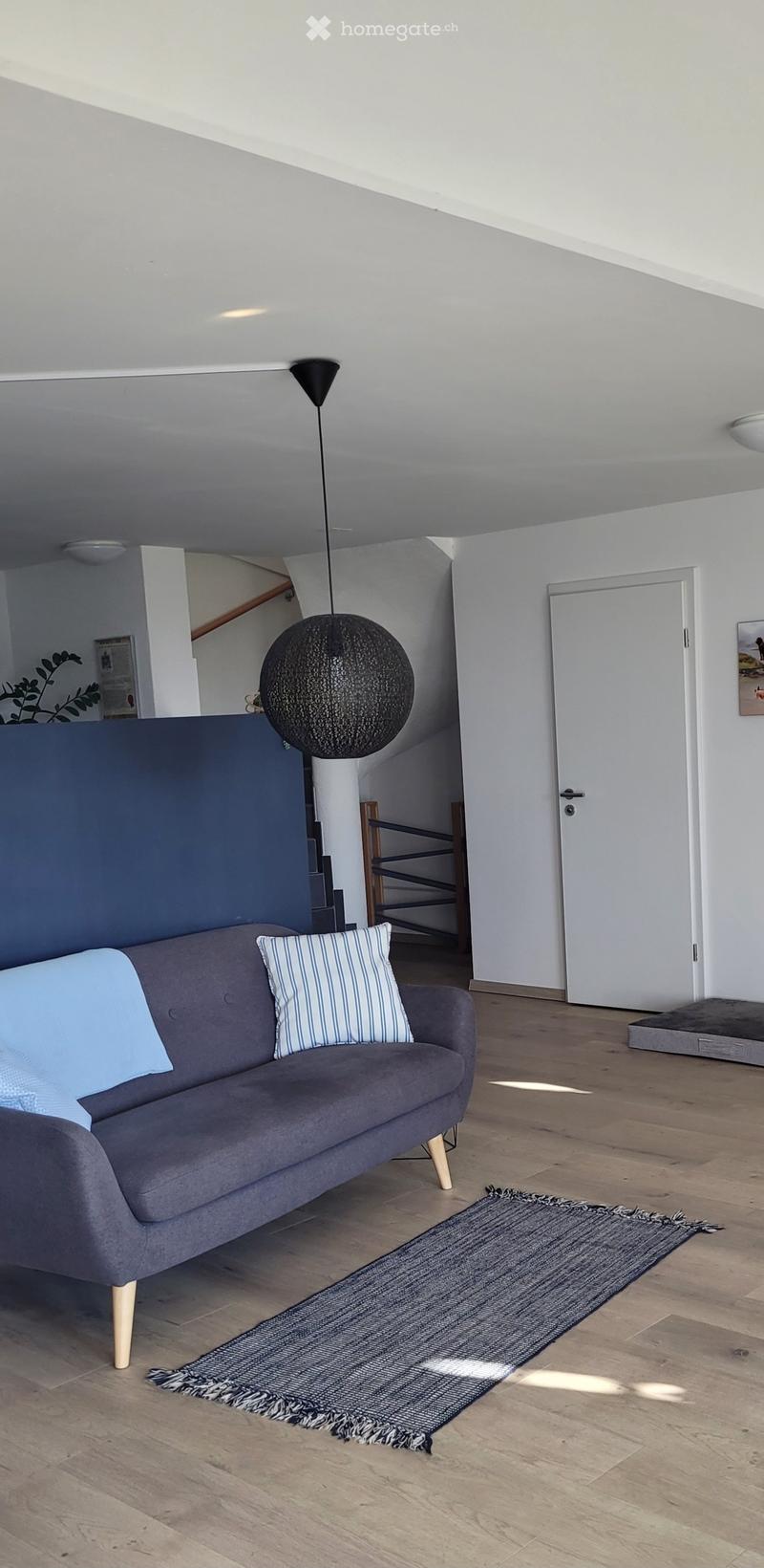 Modern living room with a grey sofa, decorative pillows, a woven rug, and a large spherical pendant light hanging from the ceiling.