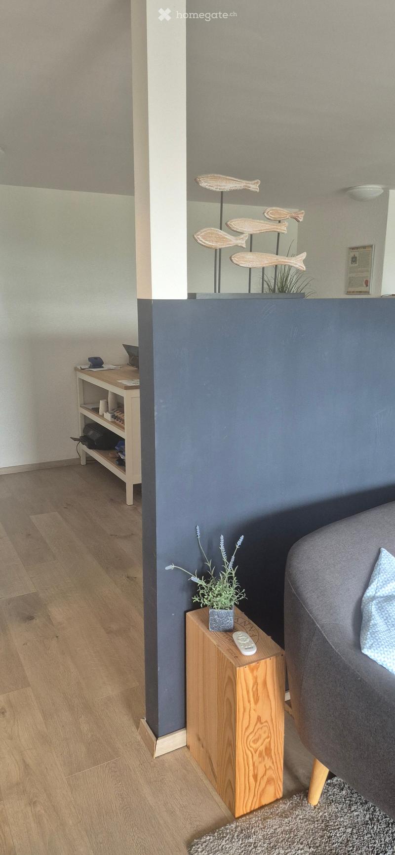 A modern living room with a grey sofa, wooden side table, remote control, small plant, and decorative fish sculpture on a shelf.