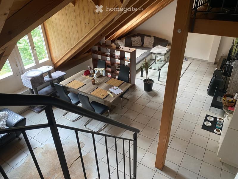 Loft-style living area with exposed wooden beams, tiled floor, and a mix of modern and rustic furniture including a sofa, dining table, chairs, and a cat tree.