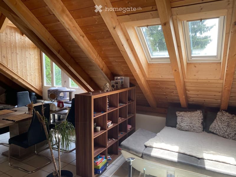 Cozy attic room with wooden beams, skylights, and large windows. Features a grey sofa with fur pillows, a coffee table, a bookshelf, a dining table with chairs, and a small cat tree.