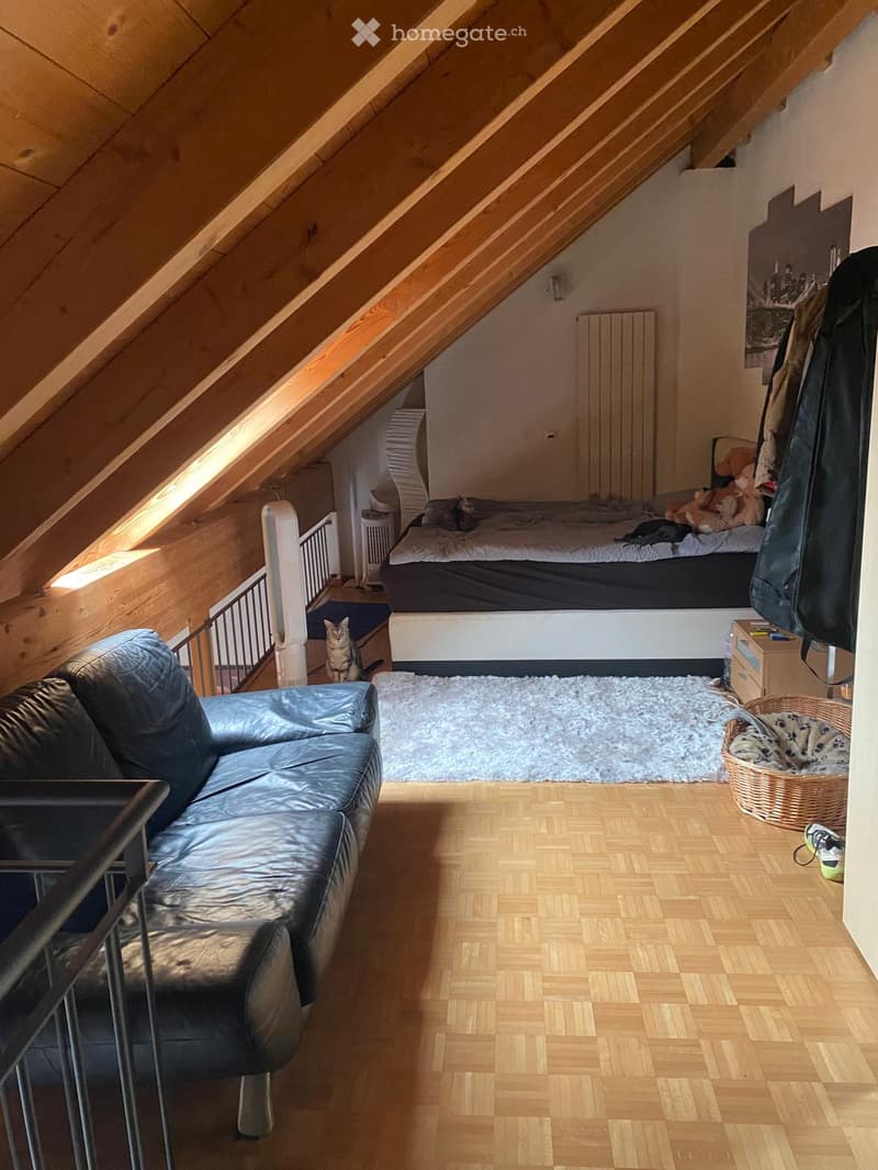 Cozy attic bedroom with wooden slanted ceilings, herringbone wooden flooring, a dark blue leather sofa, a bed with a dark duvet, a white shag rug, a wicker basket, and a cat sitting near the bed.