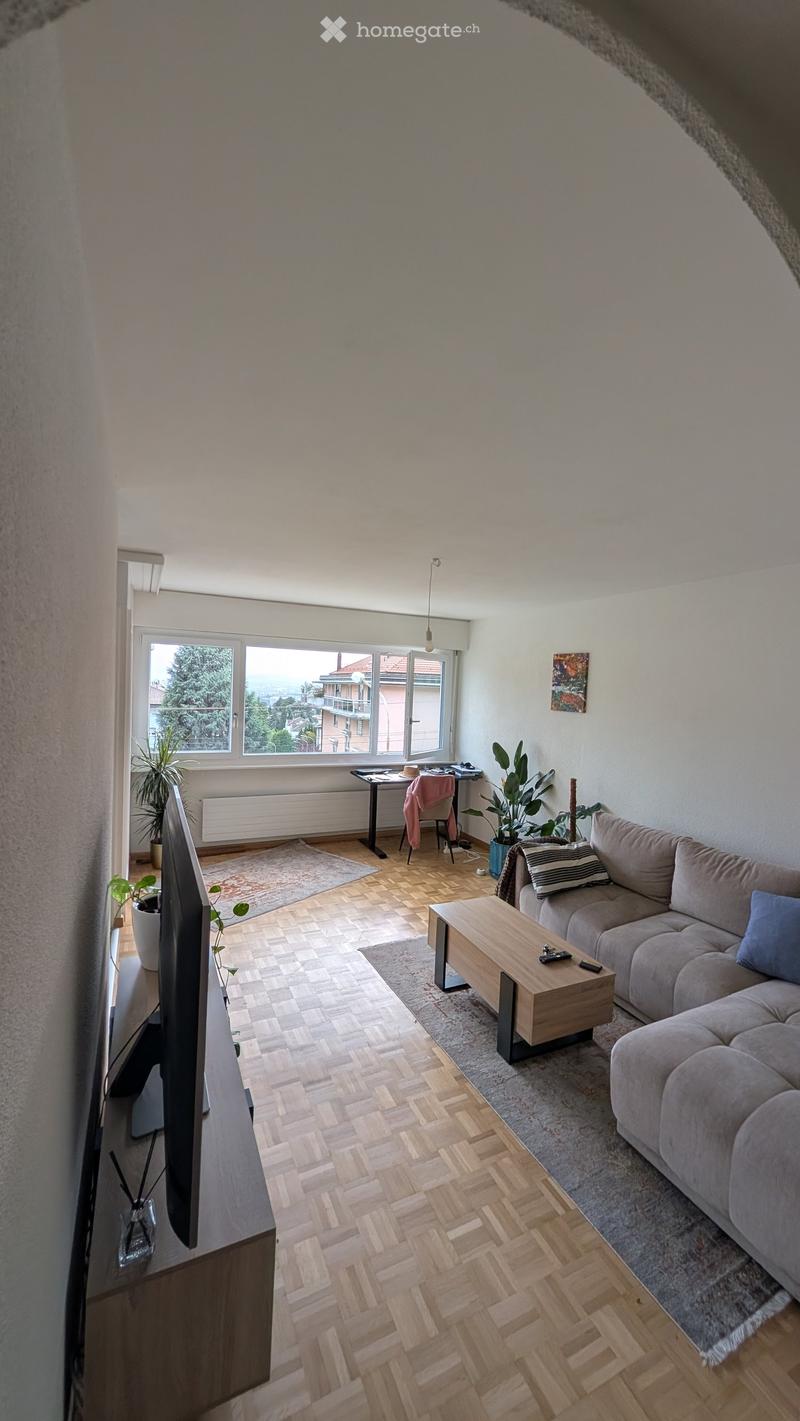 Living room with wooden herringbone flooring, large window with a view, grey sectional sofa, wooden coffee table, flat-screen TV, and potted plants.