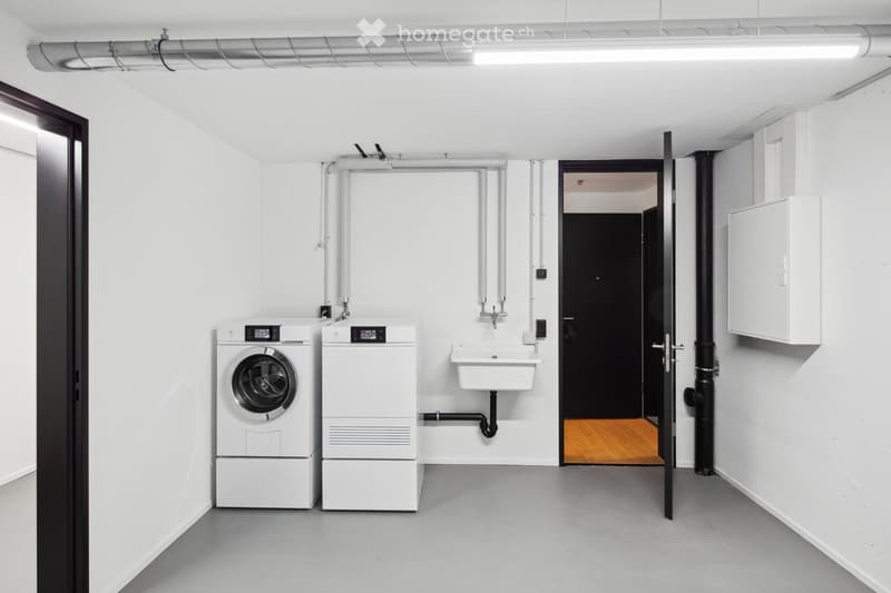 Modern, minimalist bathroom with white walls, grey floor, and two white washing machines, a sink, and a small cabinet.