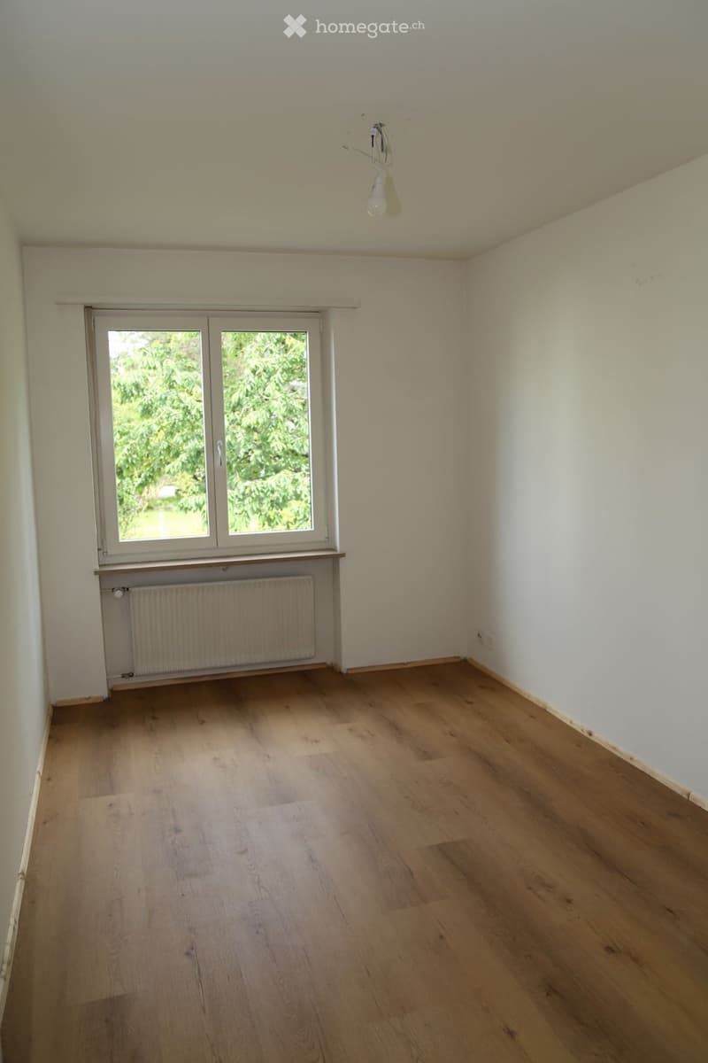 Empty room with wooden flooring, white walls, a window with a radiator below, and a light fixture on the ceiling.