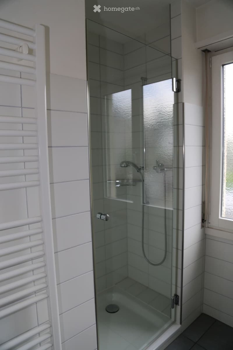 Modern bathroom with a glass-enclosed shower, white tiled walls, a radiator, and a window providing natural light.