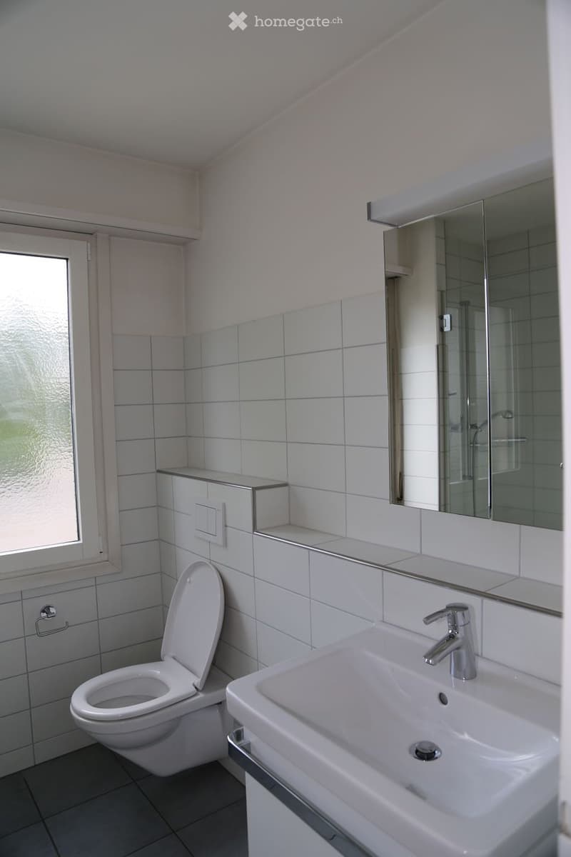 Modern bathroom with white tiles, a toilet, a sink with a chrome faucet, a large mirror, and a built-in cabinet.
