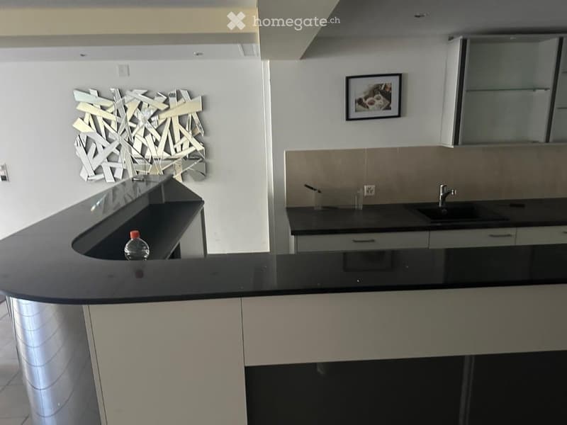 Modern kitchen with black countertops, stainless steel sink, and a decorative wall art piece.