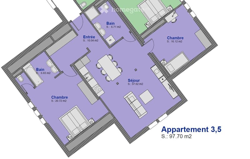 Floor plan of a 3.5 room apartment with a total area of 97.70 m2, including a bathroom, entrance, living room, bedroom, and kitchen.