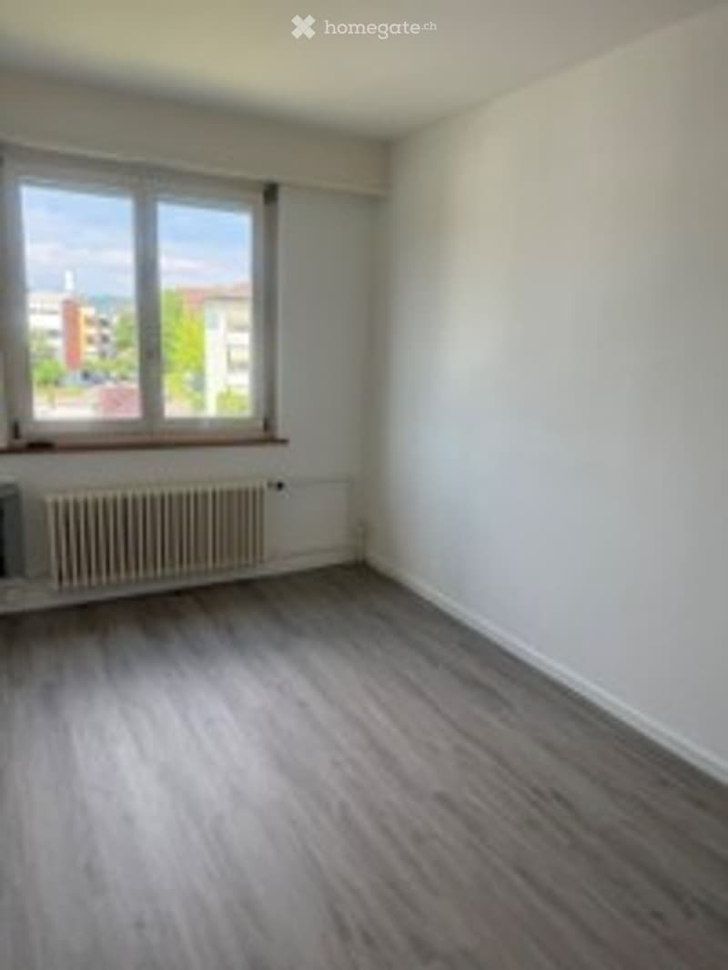 Empty room with wooden flooring, white walls, large window with view, radiator under window.