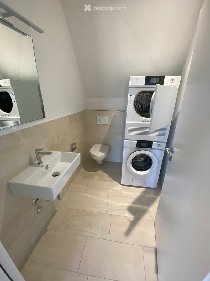 Modern bathroom with a white sink, toilet, and stacked washer/dryer unit. Light-colored tiles and a sleek design.