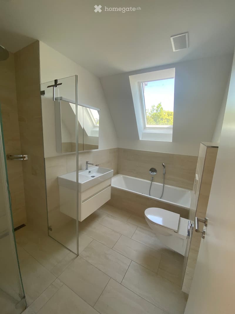 Modern bathroom with a white sink, bathtub, toilet, and large mirror. Features a glass shower enclosure and skylight windows.