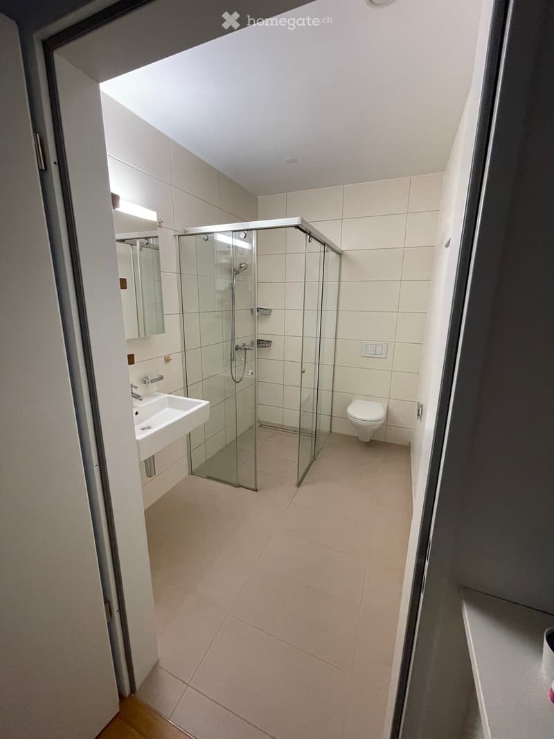 Modern bathroom with white tiles, glass shower enclosure, sink, toilet, and mirror.
