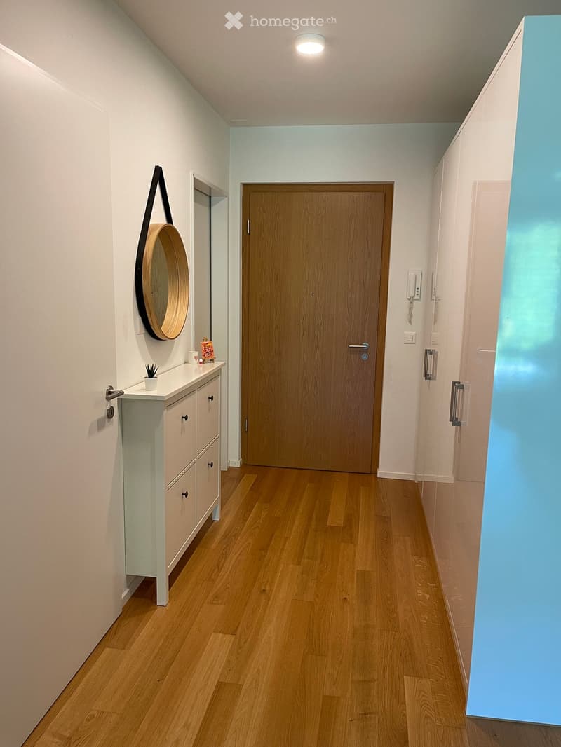 A modern hallway with wooden flooring, white walls, a round mirror on the wall, a small cabinet with a plant, and a closed wooden door.