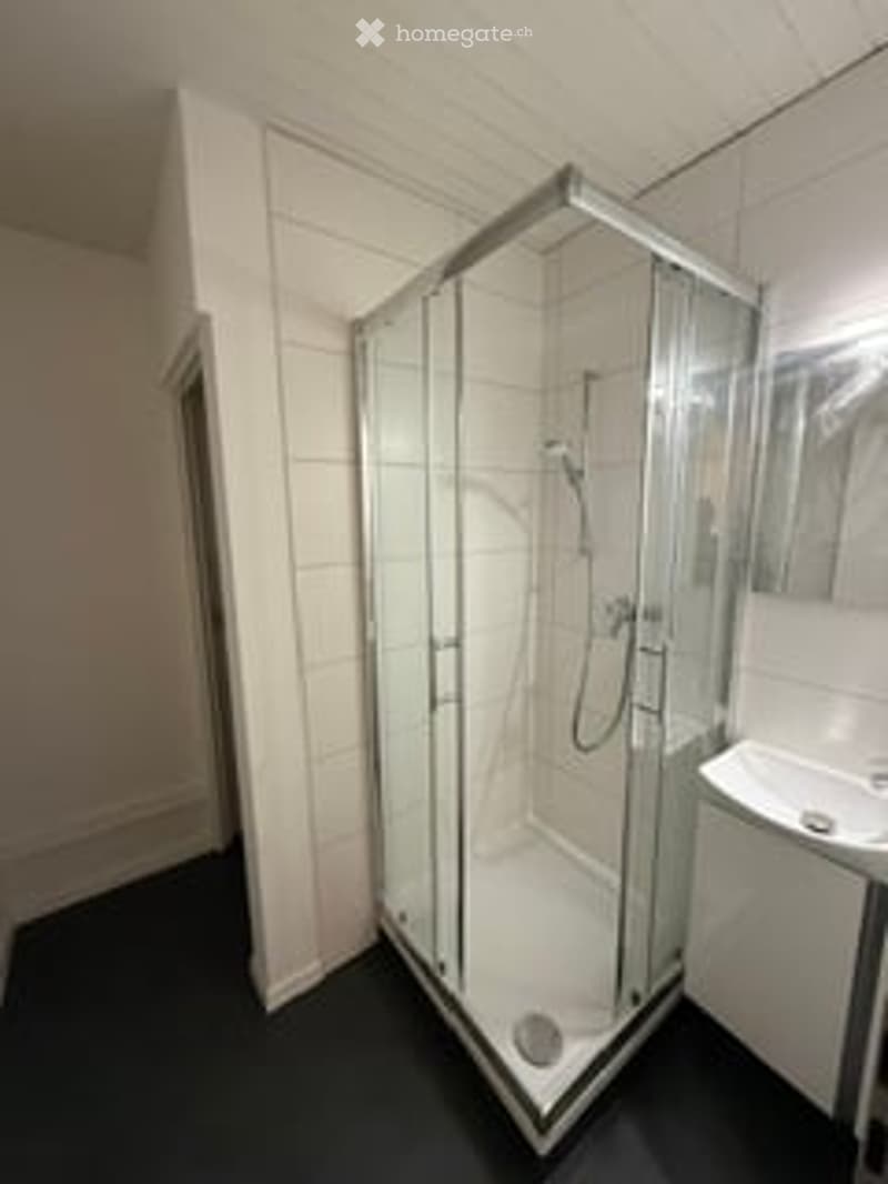 Modern bathroom with a glass-enclosed shower stall, a white sink, and a mirror above it. The walls are tiled, and the floor is dark grey.