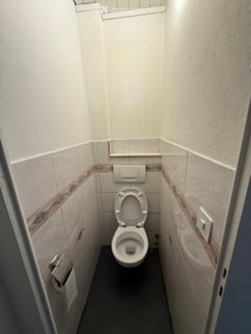 Small bathroom with white tiled walls, a toilet, and a toilet paper holder. The floor is dark grey, and the walls have a decorative brown border near the base.