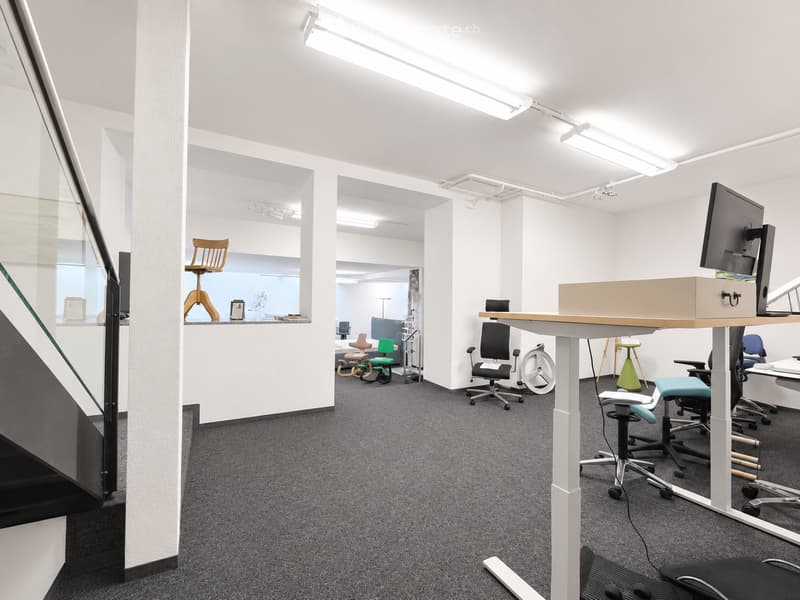 Modern office space with desks, chairs, and a variety of seating options, including a standing desk and ergonomic chairs.