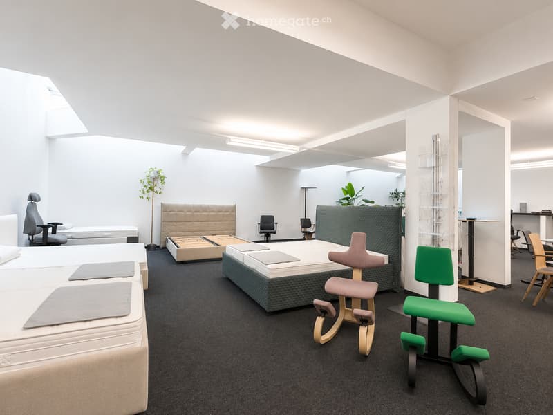 Modern showroom with multiple beds, chairs, stools, office chairs, and a small table, featuring a clean and minimalist design with large windows and plants.